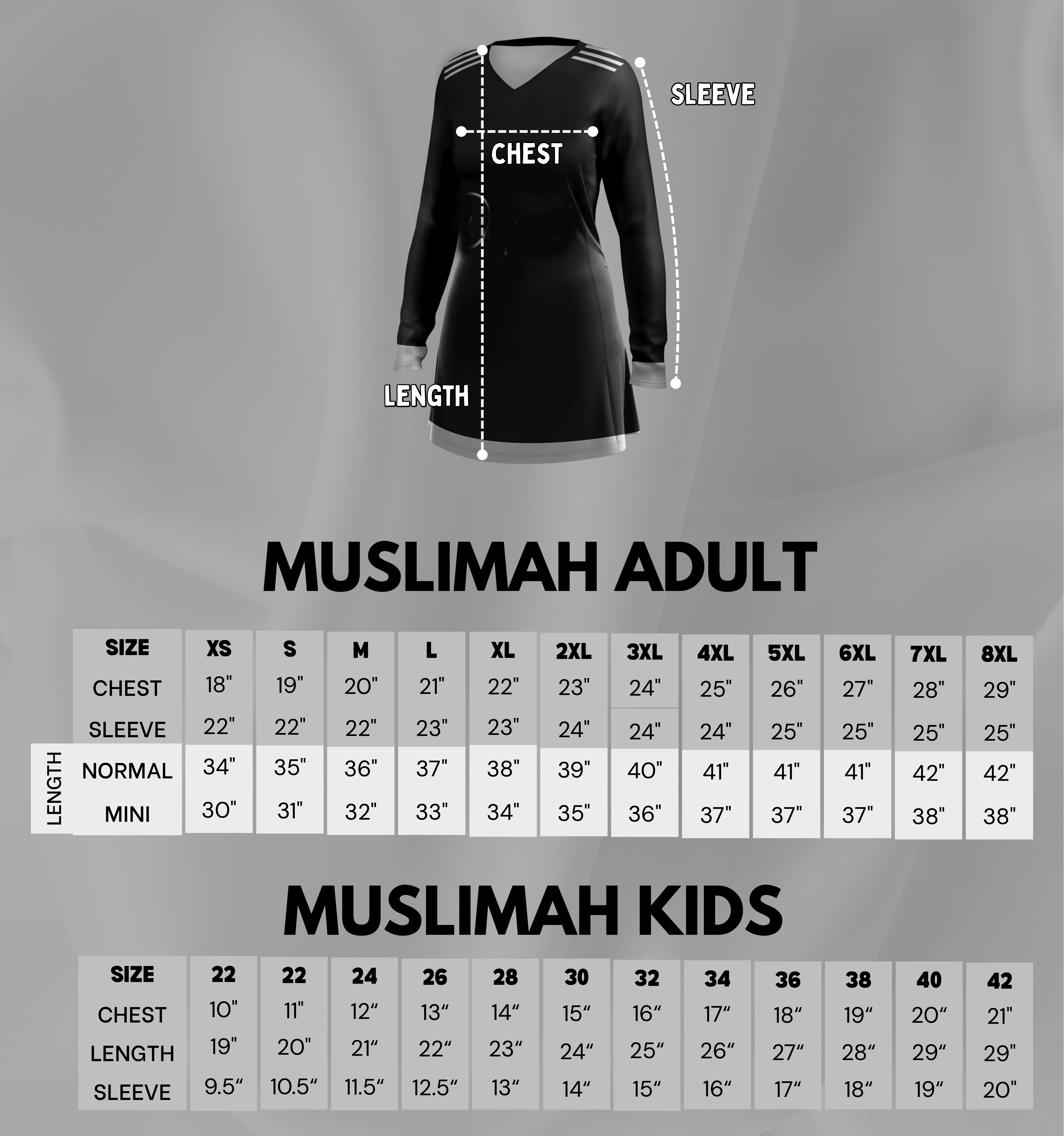 Carta saiz t-shirt muslimah